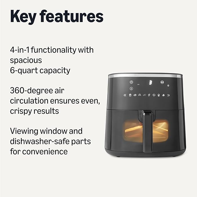 Amazon Basics 6-Quart Air Fryer with Easy View Window, 8 Preset Menus, 1550W, Black
