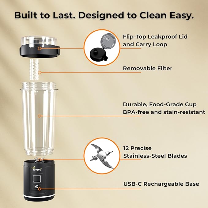 Portable Blender for Smoothies & Shakes - 20oz Mini Smoothie Maker - USB-C Rechargeable Juicer - Leakproof Lid with Filter & Carry Handle - Self-Cleaning Personal Blender - Dishwasher Safe - BFA Free