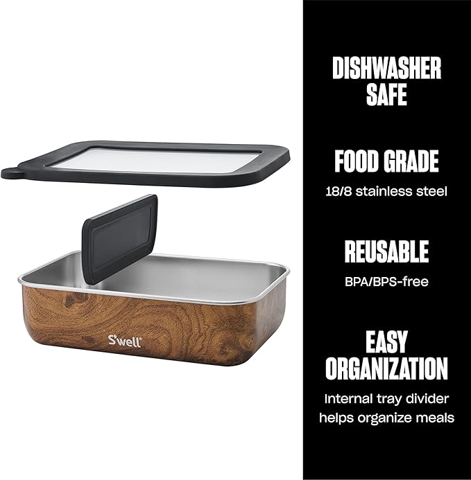 S'well Stainless Steel Bento Box, Teakwood, Fits One Large Entree Or Small Entree And Snack, Includes Removable Divider, Leakproof, Easy to Clean, Dishwasher Safe