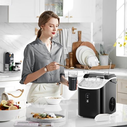 Crzoe Nugget Ice Maker Countertop with Self-Cleaning Function, Sonic Ice Machine with Handle, 35Lbs/24H, Compact Design for Home/Office Use(Black)