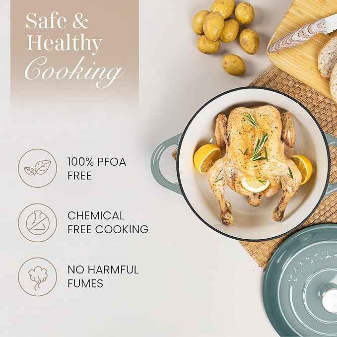 Nuovva Enamelled Cast Iron Dutch Oven Pot with Lid 6.4 Quart Non Stick Casserole Pot – Heavy Duty & Oven Safe up to 500° F for Bread Baking, Braising, Stews, Roasting – 28cm Sea Salt