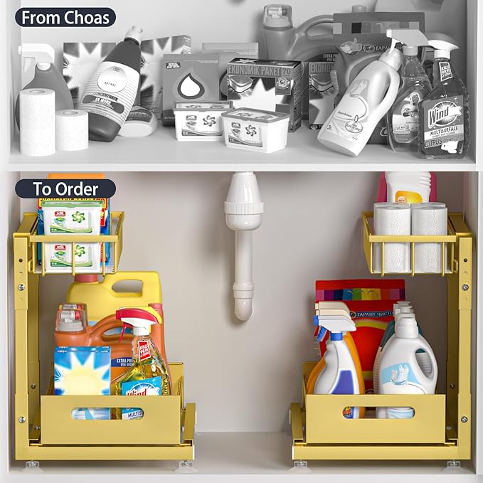 L-Shaped Under Sink Organizer, 2 Pack 2-Tier Pull Out Metal Kitchen Cabinet Organizer with Sliding Storage Drawer, Height Adjustable Heavy Duty Under Bathroom Sink Storage for Cleaning Supplies