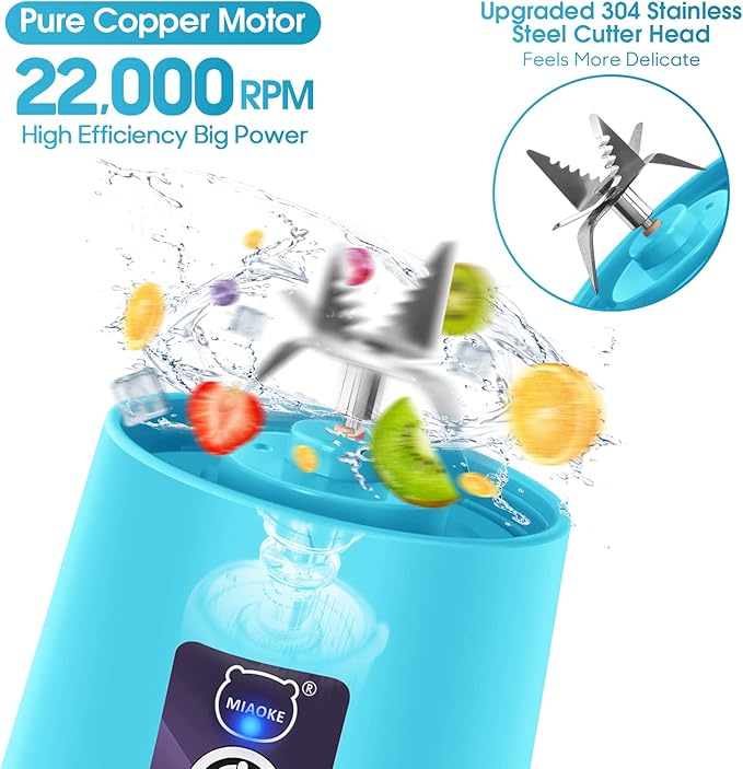 MIAOKE Portable Smoothie Blender, Personal Mini Juice Blender with Six Blades in 3D, USB Rechargeable Juicer Cup for Home/Office/Outdoors (Blue)