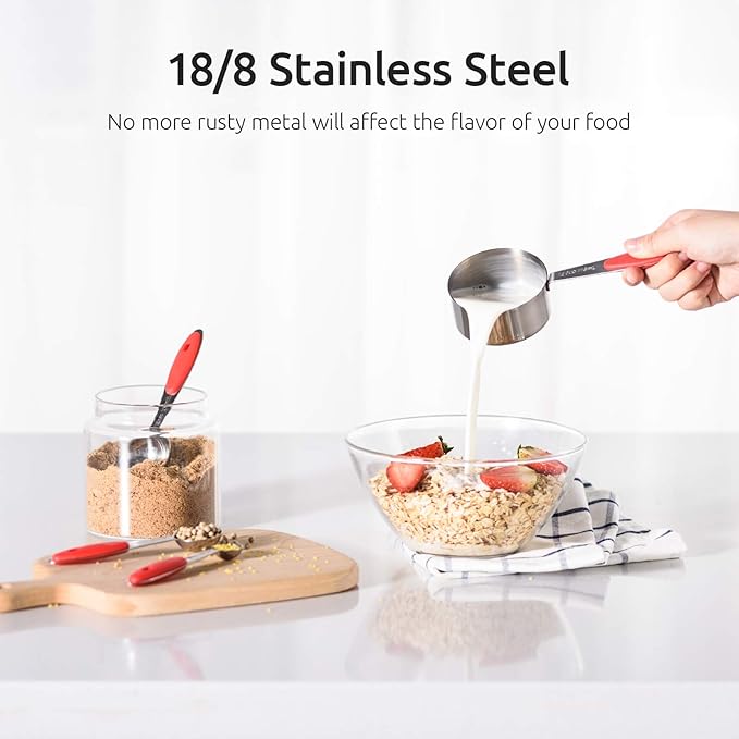 U-Taste 18/8 Stainless Steel Measuring Cups and Spoons (Set of 10, Red), and 18/8 Stainless Steel 600ºF Heat Resistant 11.38in Flexible Non-Stick Spatula & Spoon Spatula (Red)