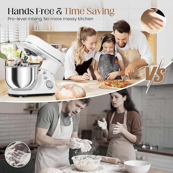 800W Stand Mixer with 5.3QT Bowl, 6-Speed with Pulse Electric Kitchen Mixer, Food Mixer with Dough Hook, Whisk, Beater Tilt-Head & Non-Slip Base for Cookie, Cake, Bread & Baking-White