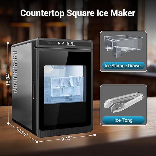Crystal Clear Ice Cube Maker Countertop, 1.6" Large Square Ice Cube, 3Pcs Rapid in 25Mins, 150Pcs/Day, 24H Timer, Self-Cleaning Ice Maker with Adjust Ice Cube Size for Cocktails, Whiskey & Bourbon