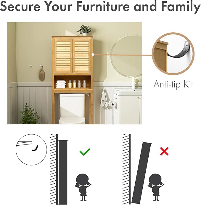 RoyalHouse Bamboo Over The Toilet Storage Cabinet with Bottom Shelf, Free Standing Storage Cabinet, Perfect Bathroom Space Saver with Double Door Organizer