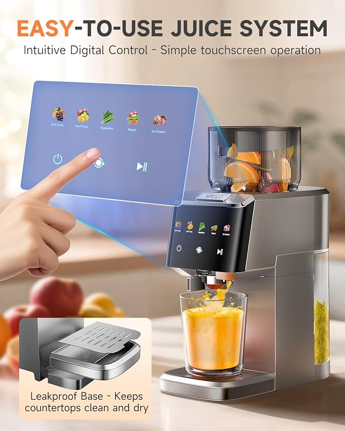 VCK Cold Press Juicer - Large 5.12" Feed Chute, Easy to Clean, Slow Masticating for Nutrient Retention, Quiet Motor, High Juice Yield, Leakproof - Sliver
