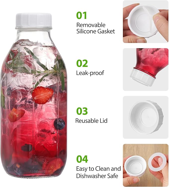 CUCUMI Moretoes 32 Oz Glass Milk Bottle with Reusable Strong Airtight Screw Lid, Reusable Glass Juice Bottles, Water Jug Breast Milk Pitcher, Buttermilk, Nut, Juice, Syrup, Coffee Creamer (4 Pack)