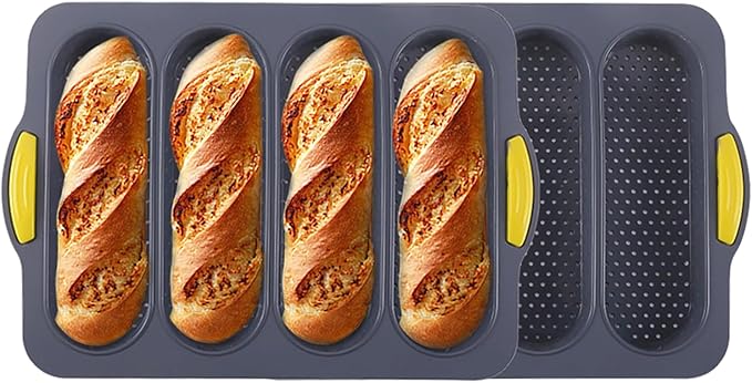 4-cavity Silicone Bread Loaf Pan, Nonstick Sourdough Loaf Pan & Heat Resistant Baguette Bread Pan, Bread Pans for Homemade Bread, Silicone Molds for Baking Hoagie Rolls, Sandwich, Hot Dog Buns