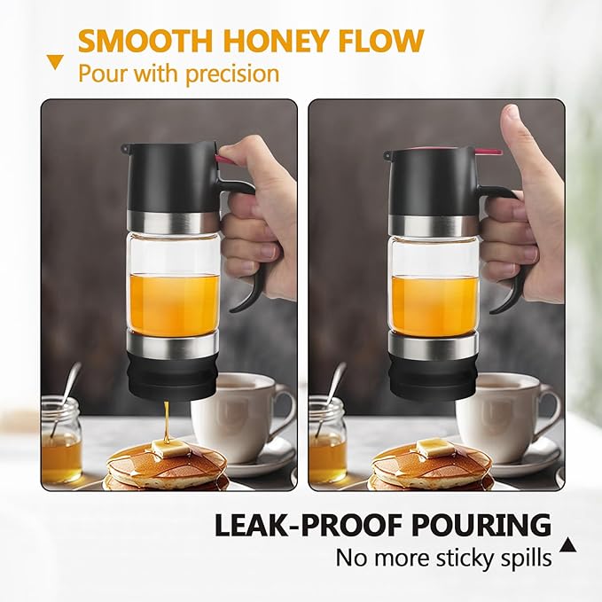 Glass Honey Dispenser,10 OZ Honey Pot with Handle,No Drip Honey Container Jar,Maple Syrup Dispenser,Ideal for Honey and Syrup,Black base
