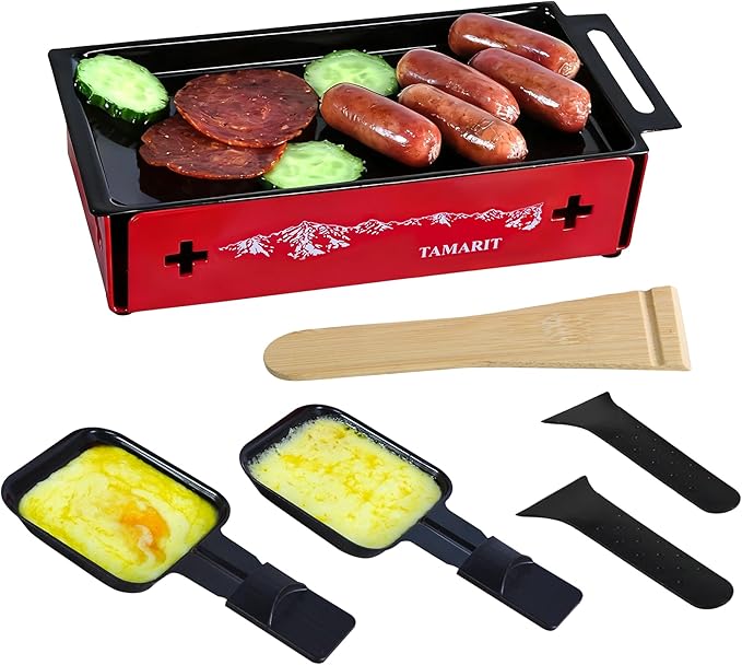 TAMARIT 2-Person Raclette Grill - Portable Candlelight Raclette Cheese Melter with Enamel Baking Tray & Non-Stick Pans - Compact Raclette Machine for Romantic Dinner, Picnic, BBQ, Camping, Red