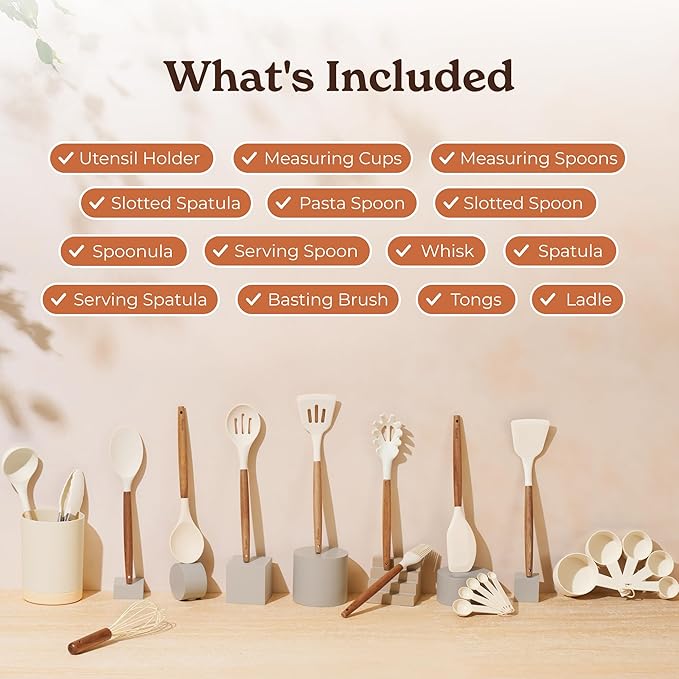 Silicone Kitchen Utensils Set & Holder: Cooking Utensils Set - Kitchen Essentials for New Home & 1st Apartment- Silicone Spatula Set, Cooking Spoons for Nonstick Cookware (Acacia Wood, Cream White)