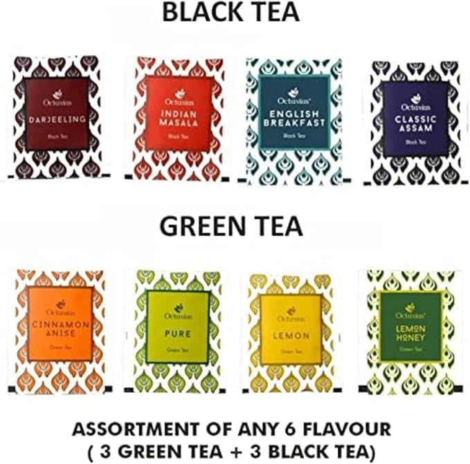 Octavius Tea Gift Set - Assorted Black & Green Tea Bags in Wooden Box | 6 Flavors, 90 Count | Premium Tea Sampler for Women & Men | Wellness Gift, Holiday, Birthday, Office, Corporate Gifting