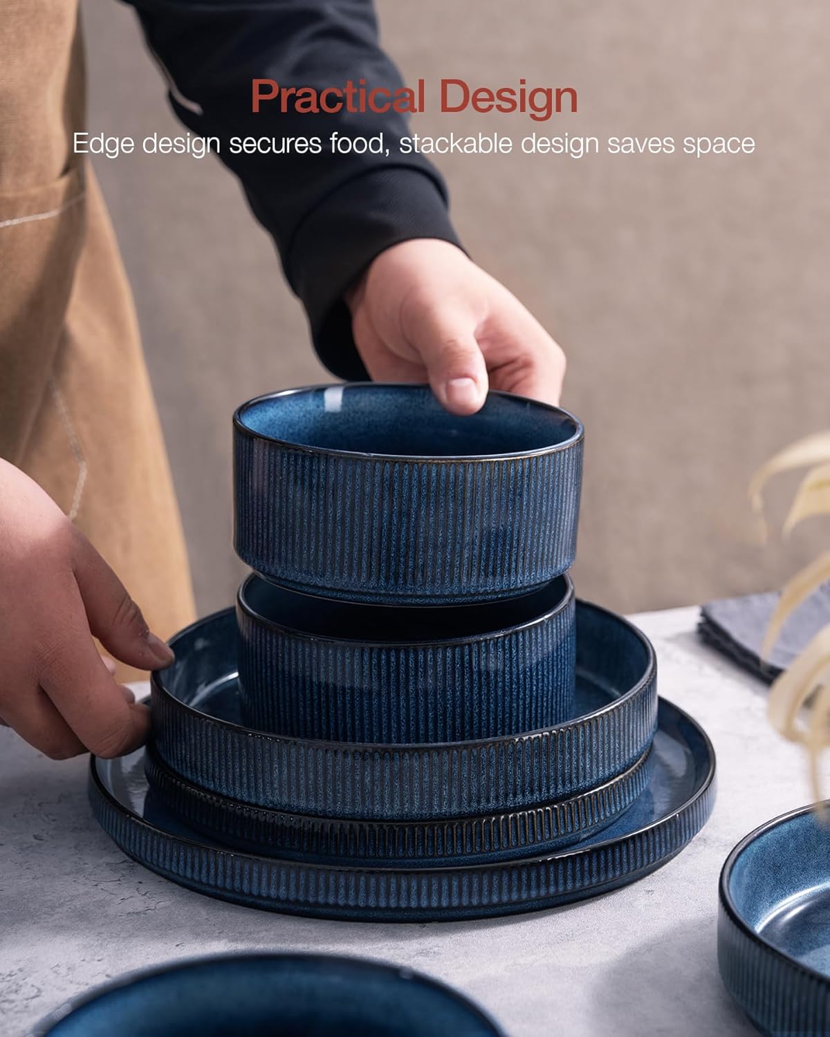 Famiware Star Dinnerware Set with Mugs, Service for 4 (16pcs), Ribbed Stoneware Plates and Bowls Dishes Sets - Chip & Scratch Resistant, Microwave & Dishwasher Safe, Nebulas Blue