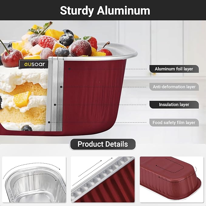 EUSOAR Aluminum Foil Cupcake Liners, 50pcs 6.8oz 6.5"x2.5"x1.2" Disposable Foil Pan Tin with Lids，Cupcake Baking Cups Containers Wrappers, Dessert Cheesecake Creme Brulee Ramekins Mini Loaf Cake Pans