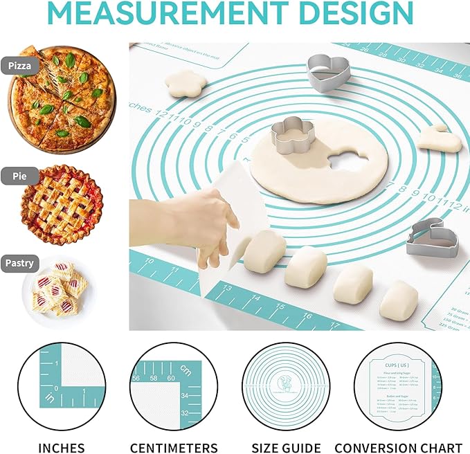Non Stick Silicone Pastry Mat for Dough Rolling, Silicone Baking Mat with Measurement, Nonslip Fondant/Pie Crust Mat for Making Cookies Macarons Baking Tools Mint 32 x 24 Inch