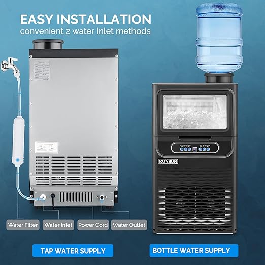 ROVSUN Commercial Ice Maker 70LBS/24H with 2 Water Inlets, Stainless Steel Ice Machine Countertop & Freestanding for Restaurant Bar with 11lbs Storage Bin, Ice Scoop, Drain Pipe & Water Filter