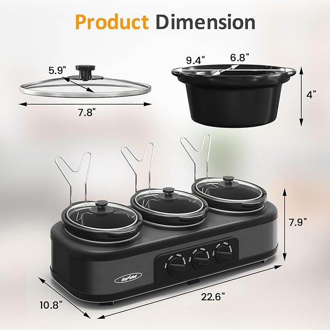 Sunvivi Slow Cooker with 10 Cooking Liners, Triple Slow Cooker Buffet Server 3 Pot Food Warmer for Parties with 3 Spoons ? Lid Rests,Adjustable Temp, 3 * 1.5 Quarts
