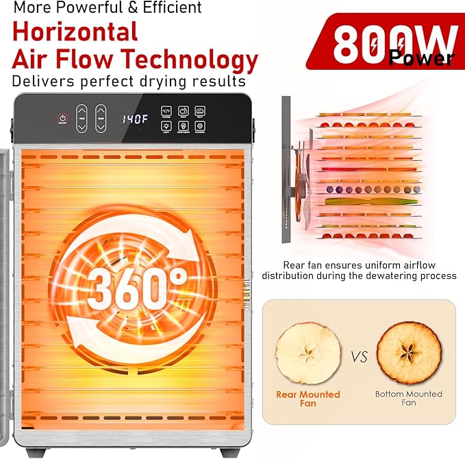 Food Dehydrator, 12 Stainless Steel Trays, 800W Electric Dehydrator Machine with Digital Timer & 194℉ Temp Control, 4 Presets, 10.9ft² Dehydrator for Food and Jerky, Fruit, Herbs, Dog Treats