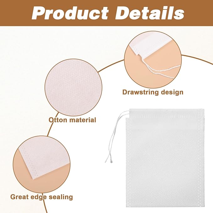 100Pcs Tea Bags for Loose Leaf Teas, Disposable Tea Bags, Disposable Non-Woven Filter Bag with Drawstring for Herbal, Coffee, Spice(3.15x3.94Inch)
