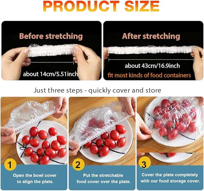 200PCS Plastic Elastic Bowl Covers Reusable,Food Storage Covers with Elastic Bowl Covers for Leftover, Plastic Covers for Bowls Fresh Keeping Bags for Family Outdoor Picnic (Regular)