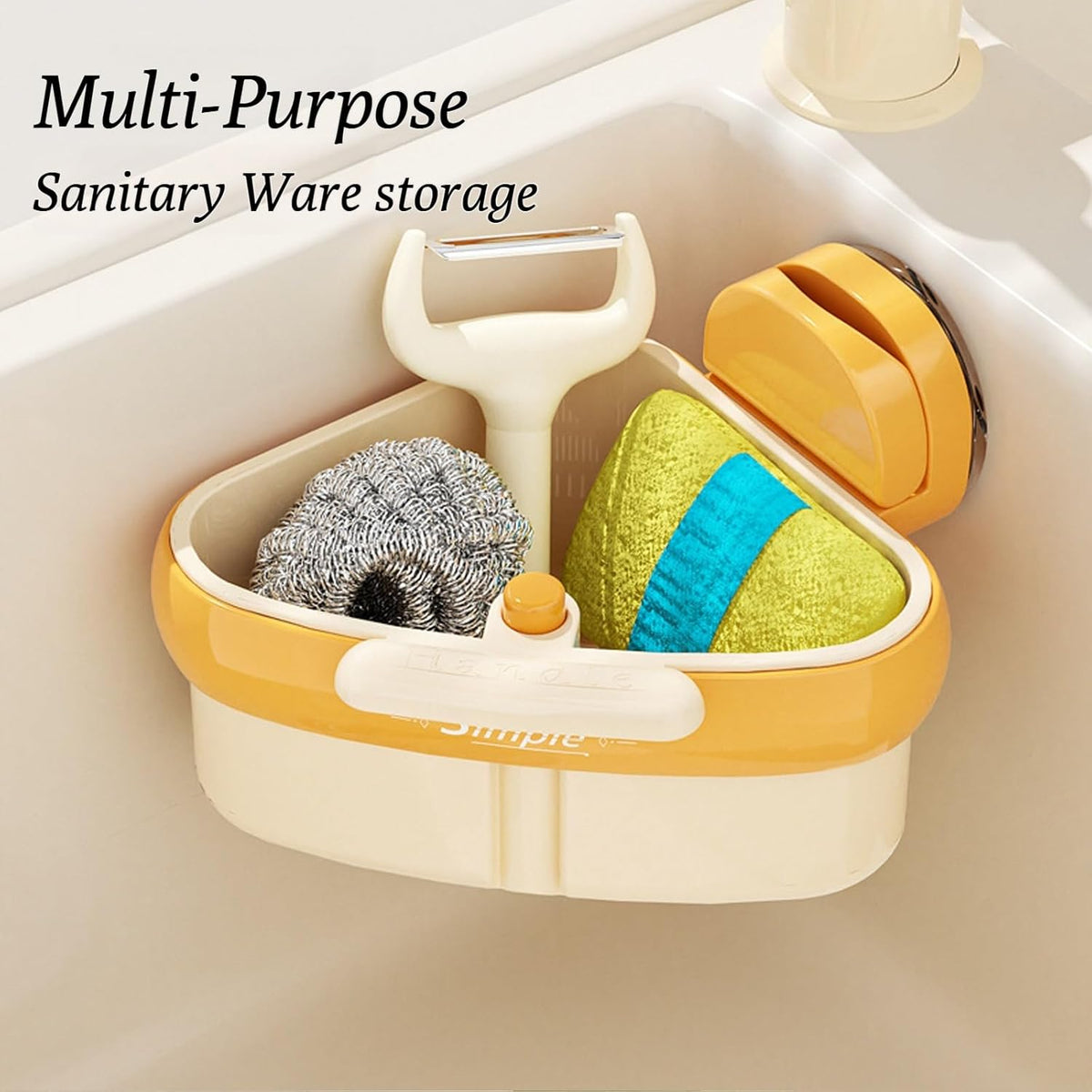 Suction Cup Sink Corner Rack, 2025 Upgraded Automatic Dumping Sink Strainer Basket, Suction Cup Press Sink Drainer Basket, No Drilling Corner Sink Strainer for Food Waste (Yellow, 2Pcs)