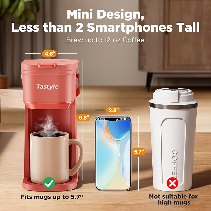 Tastyle Single Serve One Cup Coffee Maker, for K Cups and Grounds, Mini Coffee Maker with Portable Handle, 6 to 12 Oz Brew Size, for Travel, Camping, Office, RV and Dorm, 120V, Salmon Pink