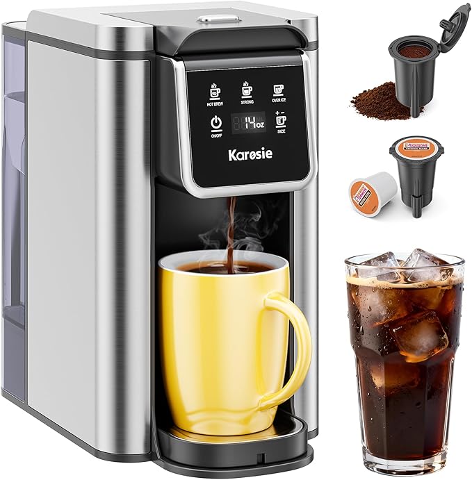 K Cup Coffee Maker, Hot & Iced Coffee Maker for K Cup and Grounds, 6-14 Oz Brew Sizes, 50oz Removable Tank, Single Cup Coffee Maker with Descaling Reminder, Stainless Steel, Black