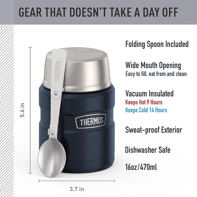 THERMOS Stainless King Vacuum-Insulated Food Jar with Spoon, 16 Ounce, Midnight Blue