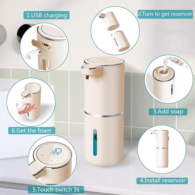 Automatic Soap Dispenser – Touchless Foaming Soap Dispenser 400ml USB Rechargeable Dispenser Electric Wall Mounted 4levels Adjustable Foam Soap Dispenser Pump for Bathroom Kitchen(Gold)