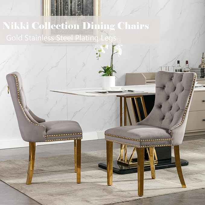 Grey Velvet Dining Chairs Set of 2, Upholstered Dining Room Chairs with Back Ring Pull Trim and Golden Stainless Steel Legs,Modern Kitchen Chairs for Dining Room,Living Room,Kitchen(Grey)