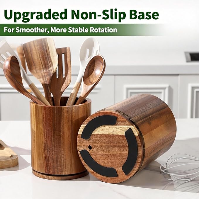Wooden Utensil Holder, 360°Rotating 7.3'' Large Utensil Holder for Kitchen Counter, Kitchen Utensil Organizer, Utensil Crock, Farmhouse Kitchens Countertop Decor, Black Color