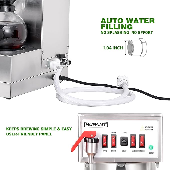 NUPANT 12 Cup Commercial Coffee Maker, Auto Filling Drip Coffee Maker Machine with 3 Glass Carafes 3 Warmers, Stainless Steel Pour Over Coffee Brewer with Hot Water Supply for Restaurant Office Cafe