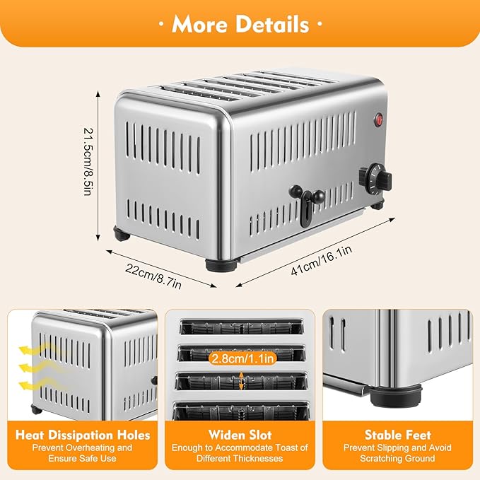Stainless Steel 6 Slice Toaster, Electric Bread Baking Machine Commercial Toaster with Crumb Tray and Timer Bread Toasters for Home Kitchen Restaurant Bakery (2 Modes/1680W)