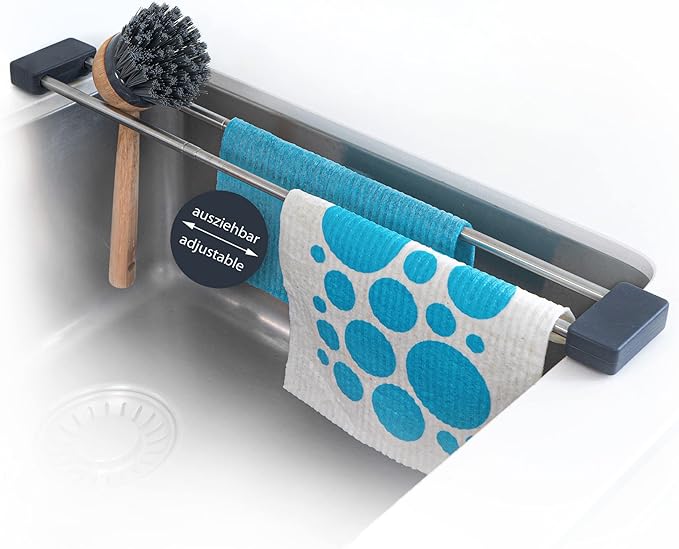 Sanni Shoo drip.line Pure - Versatile and Adjustable Kitchen Rack Drip Tray for Dishcloths, Brushes, and Bottles - Hygienic Storage - Made ofStainless Steel and Silicone