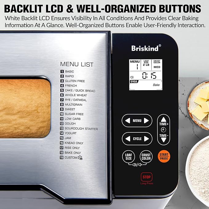 Briskind Bread Maker Machine with Ceramic Nonstick Pan, 19 Menus, 2 Pound Stainless Steel Breadmaker with Glass Touch Panel, Gluten Free, Sourdough Starter, Custom Setting, 3 Loaf Sizes & Crust Colors