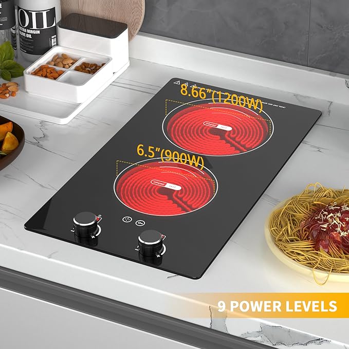 VBGK Electric Cooktop,110V 2400W Electric Stove Top with Knob Control,9 Power Levels, Kids Lock & Timer,LED touch control,Overheat Protection Electric stove,24 Inch desktop 2 burner