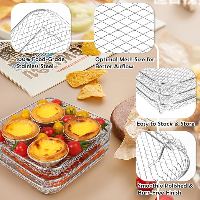 BYKITCHEN 8 inch Square Air Fryer Rack, 3pcs Stackable Stainless Steel Dehydrator Rack with Silicon Feet, Square Air Fryer Accessories for Cosori, Instant Vortex, Ninja Pro XL 6.5 QT AF181 & More
