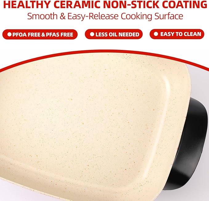 15'' Ceramic Nonstick Electric Skillet with Tempered Vented Glass Lid,Thermostat Control to Prevent Overheating,Removable Easy-to-Clean,Vibrant Red