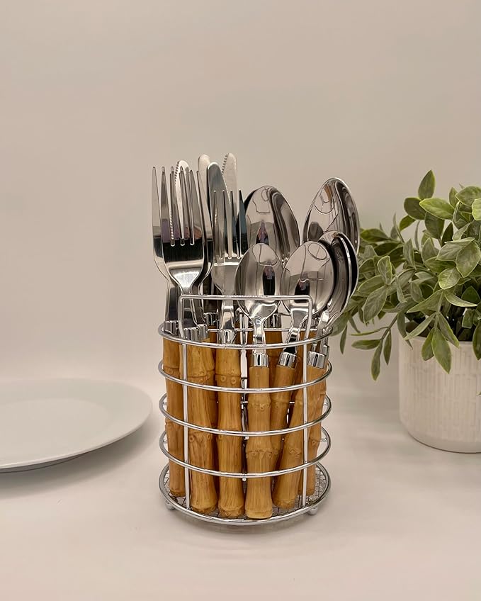 The Original Brink House Beyond Bamboo Stainless Steel Cutlery Set with Naturalistic Bamboo Handles / 16 pieces with Metal Stand, Lifestyle utensils set for home, first apartment, dorm, outdoor events