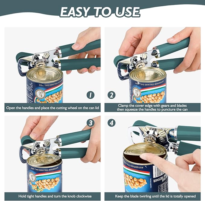 10 Colors Can Opener Manual Handheld Heavy Duty Hand Can Opener Smooth Edge Stainless Steel Can Openers Top Lid Kitchen Gadgets, Best Large Rated Easy Turn Knob, with Bottle Opener, Emerald