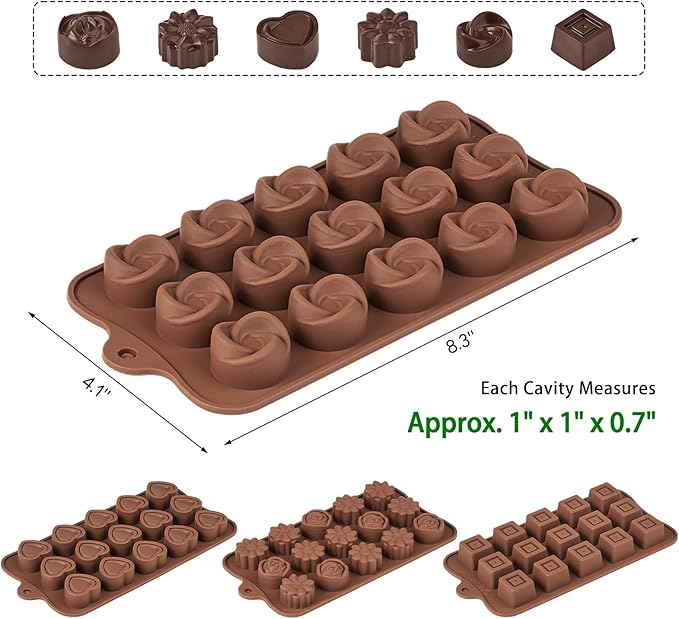 Puyeipt 4 Pcs Silicone Chocolate Molds, Non-Stick Candy Molds for Making Bite Size Chocolates, Candies, Truffles, Gummies, Jelly (Heart, Sunflower, Rose, Square, Swirl Shaped)