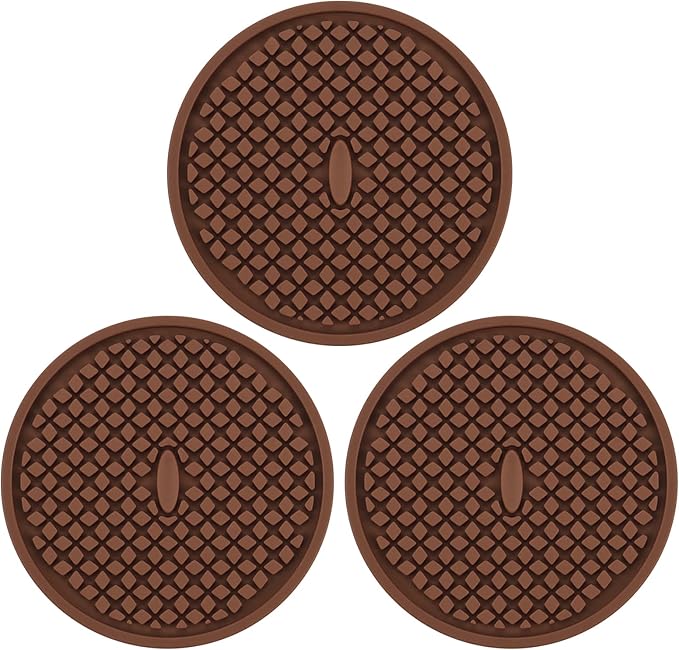 3 Pack Silicone Coasters for Drinks, Thickened Coaster with Deep Tray Grooved Design Cup Mat, Washable Heat Resistant Durable Non-Slip Coasters for Coffee Table Wooden Desk Kitchen Bar (Brown)