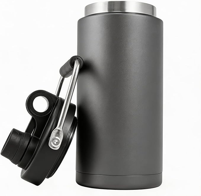 Kerilyn Insulated Hlalf Gallon Jug with Handle, 64oz Stainless Steel, Large Double Vacuum Water Bottle for Hot & Cold Drinks, Wide Mouth, Sweat Proof, Great for Travel, Camping, Grey