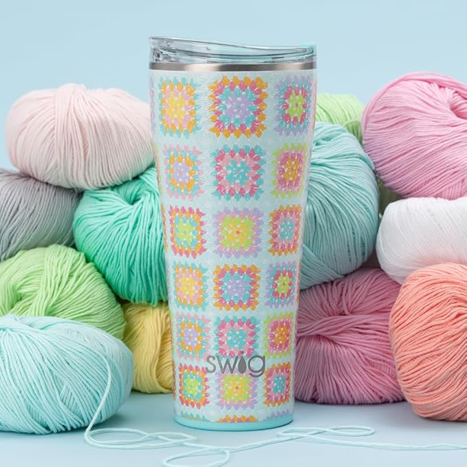 Swig Life 32oz Insulated Tumbler, Travel Coffee Tumbler with Lid, Cup Holder Friendly Travel Coffee Mug, Stainless Steel, 32 oz, Reusable Insulated Mug with Lid (Granny Squares)