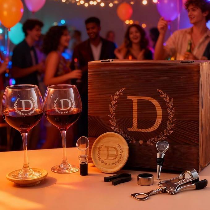 GZLDGIFTS Personalized Initial Wine Glasses Box Gift Set For Women Mom Engraved Birthday Monogrammed Wooden Christmas Gifts Wedding Anniversary Wine Couples Stopper Opener Initial Letterr (N Set)