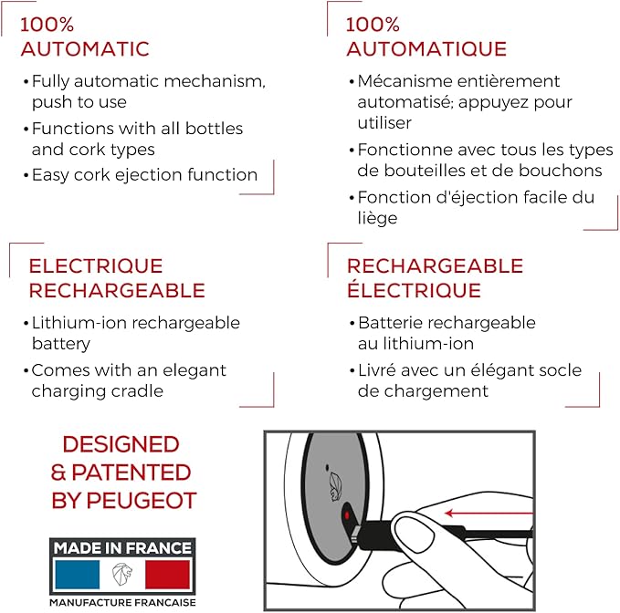 Peugeot - Elis Touch Electric Corkscrew - Rechargeable Bottle Opener with Battery and Charging Base, Stainless Steel, 10.6 inches