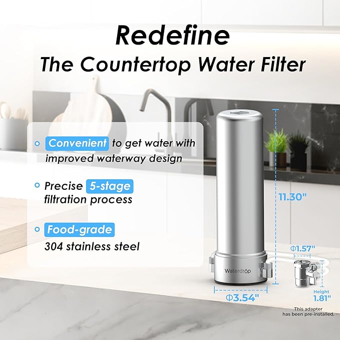 Waterdrop CTF-02 Water Filter for Sink Faucet, NSF/ANSI 42 Certified Countertop Water Filter System, 5-Stage Stainless Steel Faucet, Reduces Heavy Metals and 99% Chlorine, 8000 Gallons, 1 Filter