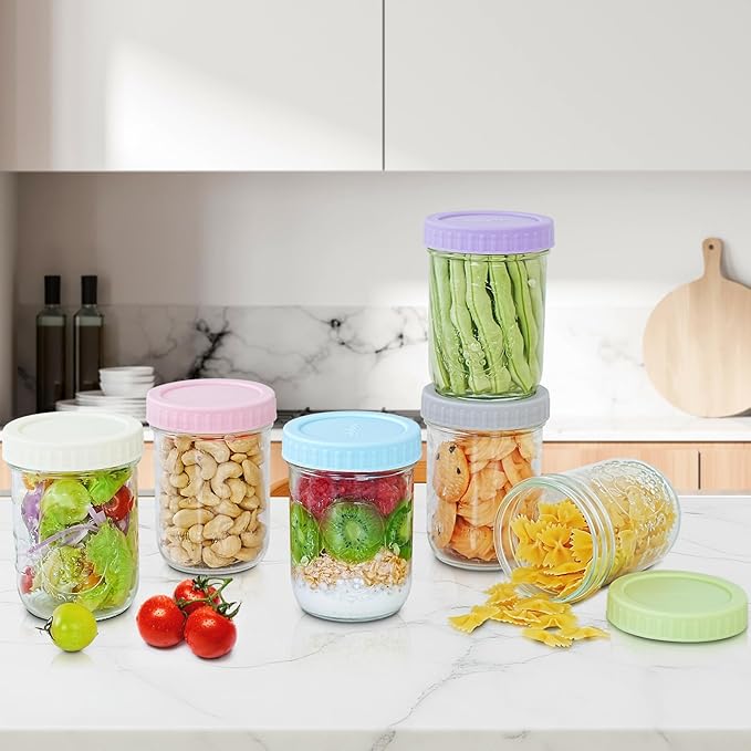 Miuyhji Overnight Oats Containers with Lids, 6-Pack Glass Mason Jars 16 oz with Lids Wide Mouth, Reusable Food Storage Containers for Snack, Chia Pudding, Yogurt, Meal Prep, Salad